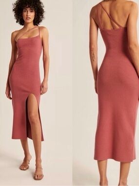 Abercrombie Ribbed Asymmetric-Strap Midi Dress in Dusty Rose